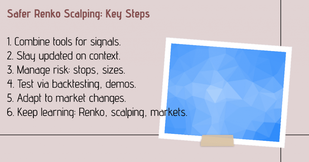 Safer Renko Scalping: Key Steps

1. Combine tools for signals.
2. Stay updated on context.
3. Manage risk: stops, sizes.
4. Test via backtesting, demos.
5. Adapt to market changes.
6. Keep learning: Renko, scalping, markets.