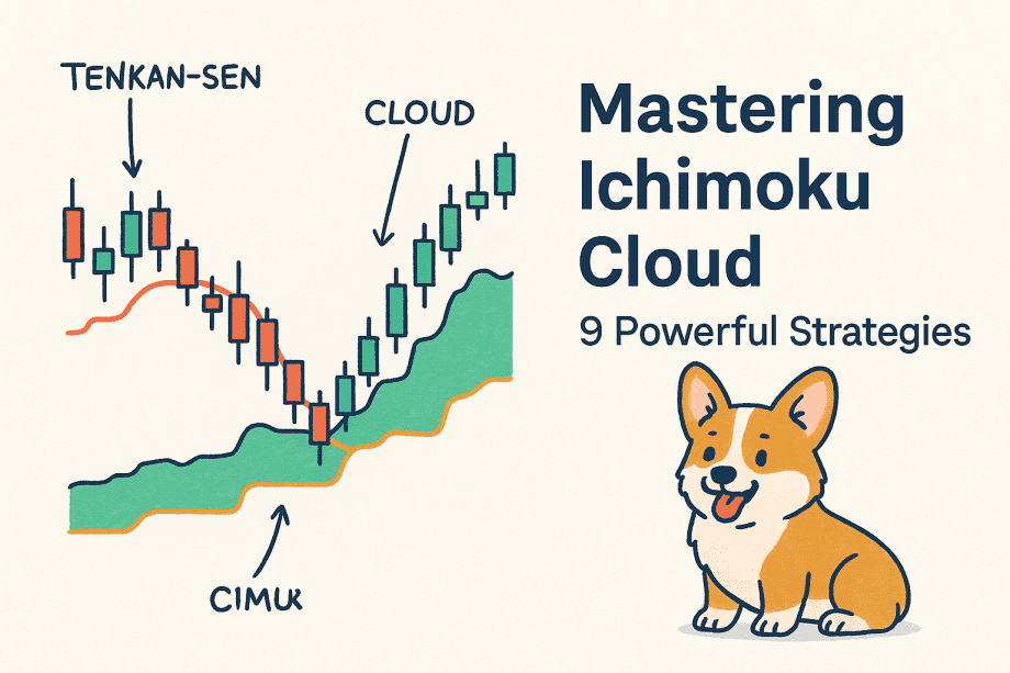 Flat-style illustration of an Ichimoku Cloud trading chart with candlesticks and indicator lines, accompanied by a cheerful corgi mascot, representing an educational guide on Ichimoku strategies.