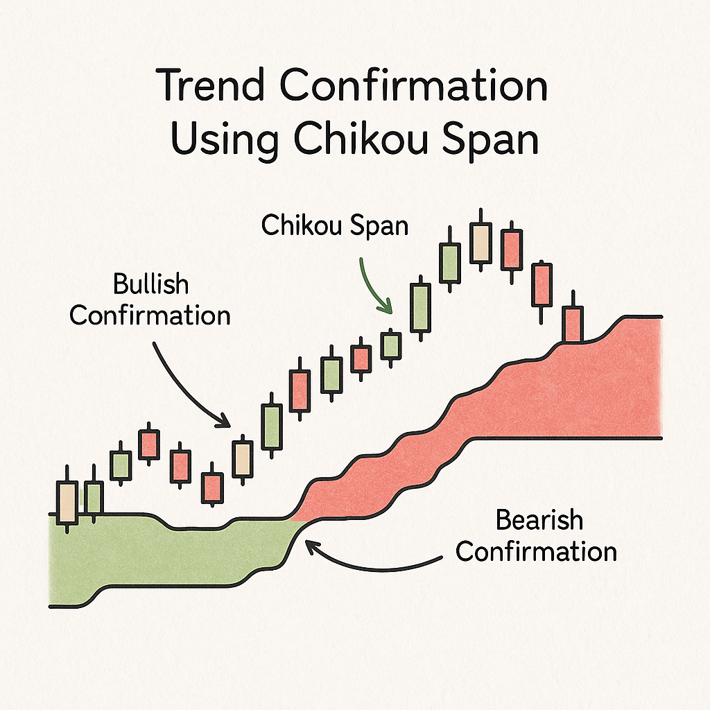Ichimoku Cloud Trading Strategies: 9 Ways to Improve Your Trades Today 2 Flat-style diagram showing Ichimoku Cloud trend confirmation using the Chikou Span line, with annotated bullish and bearish signals on a candlestick chart.