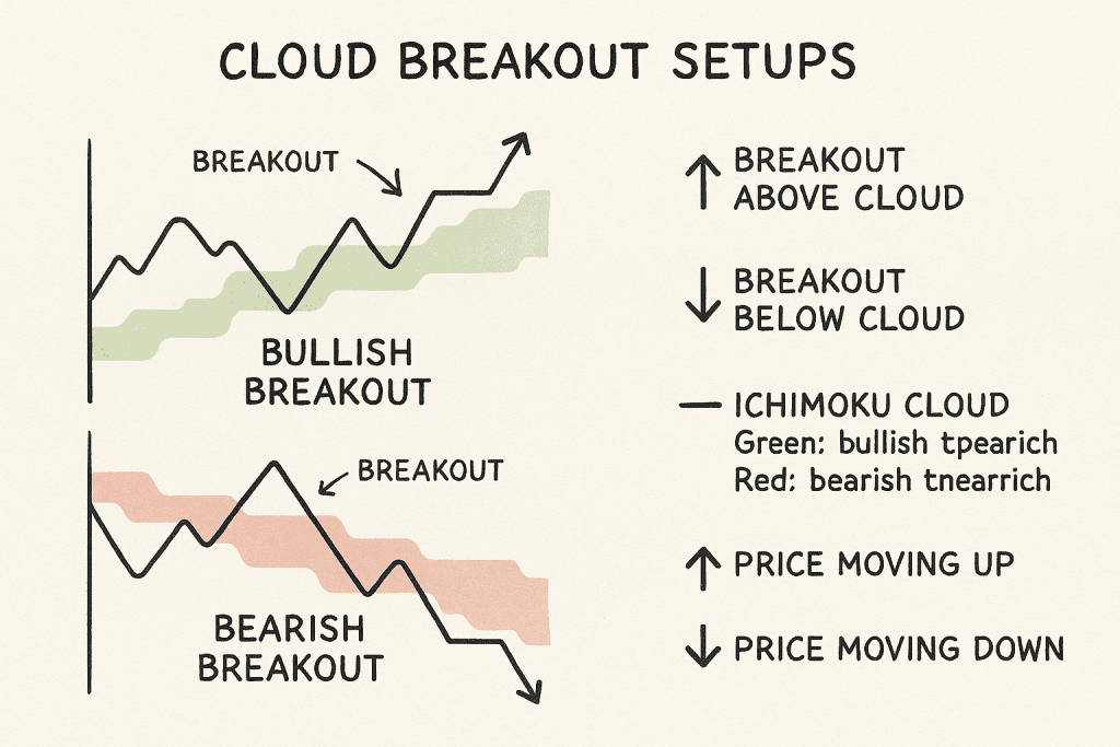 Ichimoku Cloud Trading Strategies: 9 Ways to Improve Your Trades Today 3 Flat-style diagram showing bullish and bearish Ichimoku Cloud breakout setups with candlestick price movement, cloud colors, and direction arrows.