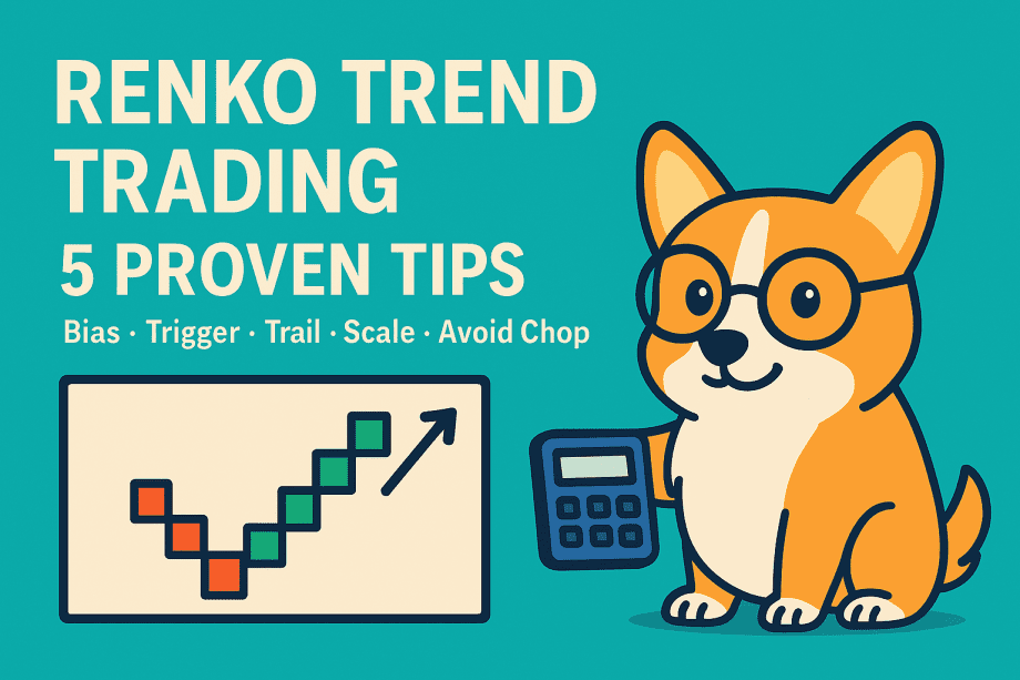 Bax the corgi with glasses next to a Renko brick chart showing an uptrend — featured image for Renko trend trading tips