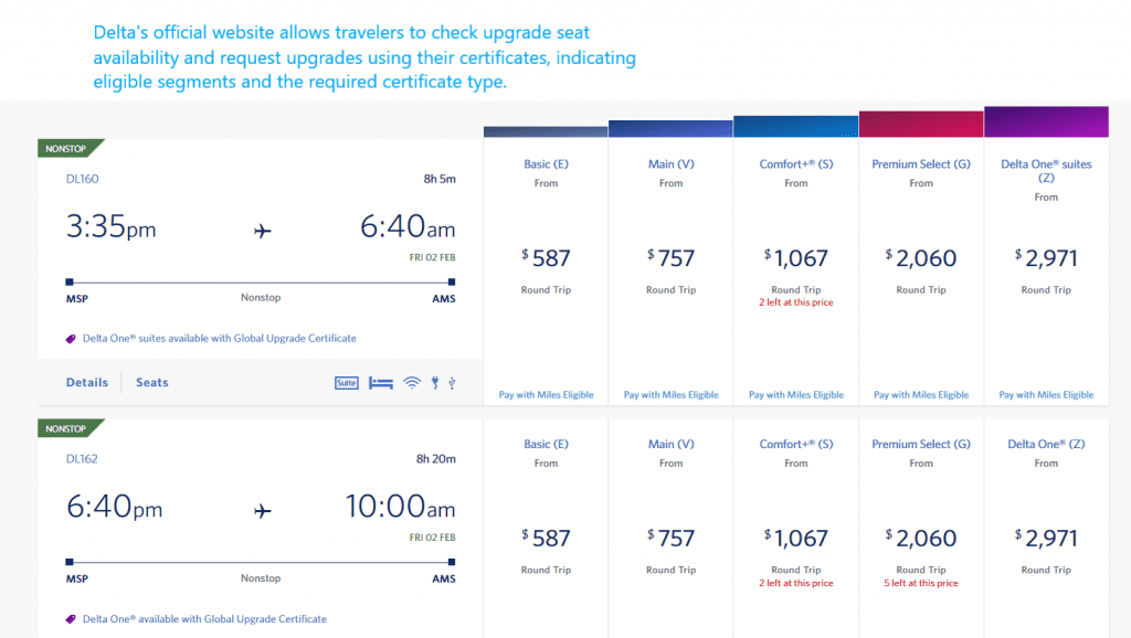 Delta's official website allows travelers to check upgrade seat availability and request upgrades using their certificates, indicating eligible segments and the required certificate type.