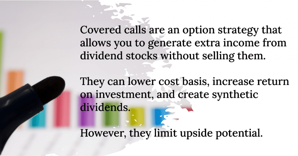 Covered calls are an option strategy that allows you to generate extra income from dividend stocks without selling them. They can lower cost basis, increase return on investment, and create synthetic dividends. However, they limit upside potential and miss dividends.