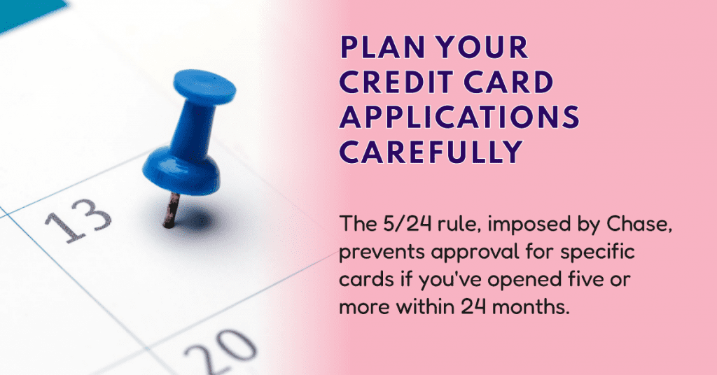 The 5/24 rule, imposed by Chase, prevents approval for specific cards if you've opened five or more within 24 months.