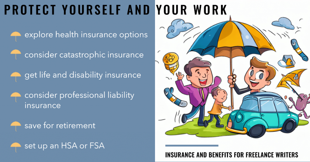 Tips for securing insurance and benefits as a freelancer: explore health insurance options, consider catastrophic insurance, get life and disability insurance, consider professional liability insurance, save for retirement, set up an HSA or FSA, maintain an emergency fund, research tax deductions, and review coverage regularly.