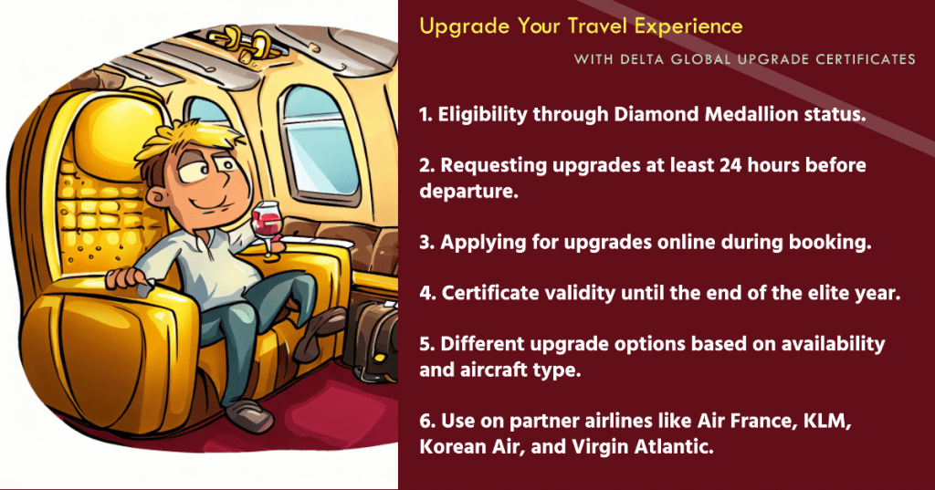 How Delta Global Upgrade Certificates Work

1. Eligibility through Diamond
Medallion status.
2. Requesting upgrades at least 24
hours before departure.
3. Applying for upgrades online
during booking.
4. Certificate validity until the end
of the elite year.
5. Different upgrade options based
on availability and aircraft type.
6. Use on partner airlines like Air
France, KLM, Korean Air, and Virgin
Atlantic.