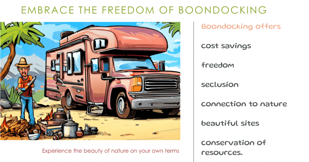 Boondocking offers cost savings, freedom, seclusion, connection to nature, and self-sufficiency through remote, beautiful sites, encouraging self-reliance and conservation of resources.