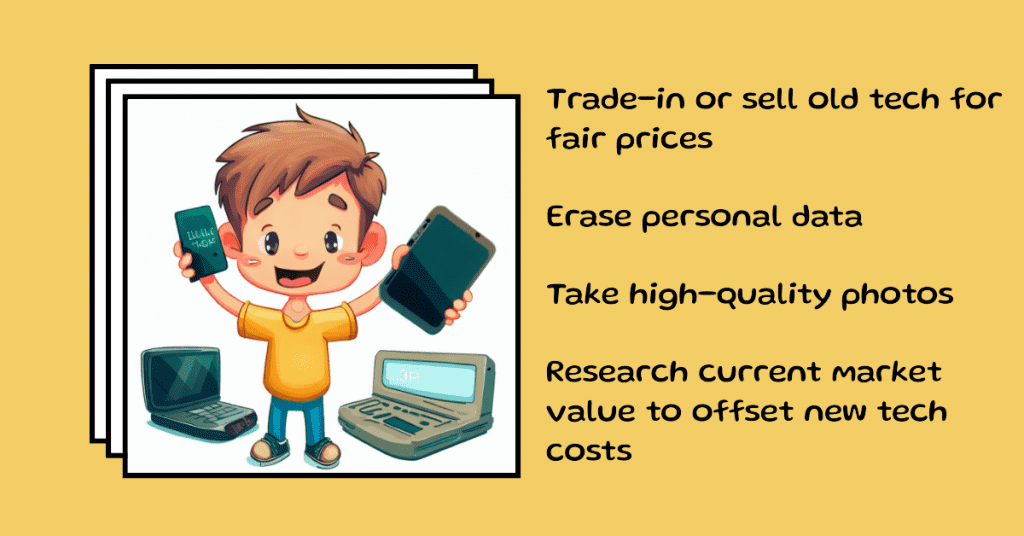 Trade-in or sell old tech for fair prices, erase personal data, take high-quality photos, and research current market value to offset new tech costs, increase buyer confidence, and secure a competitive price.