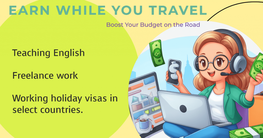 Earn money on the road by teaching English, freelance work, or working holiday visas in select countries. This way, you can sustain your adventure longer, immerse yourself in a new culture, and earn income while traveling.