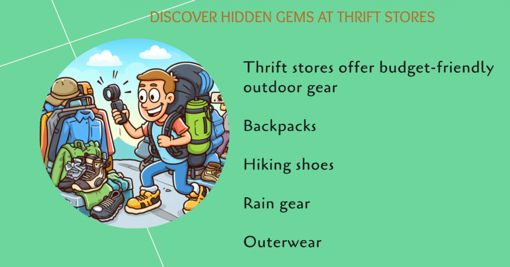 Thrift stores offer budget-friendly outdoor gear for geocachers, including sturdy backpacks, hiking shoes, rain gear, outerwear, and miscellaneous items like flashlights, first aid kits, and multi-tools. These stores provide great deals on essential items.