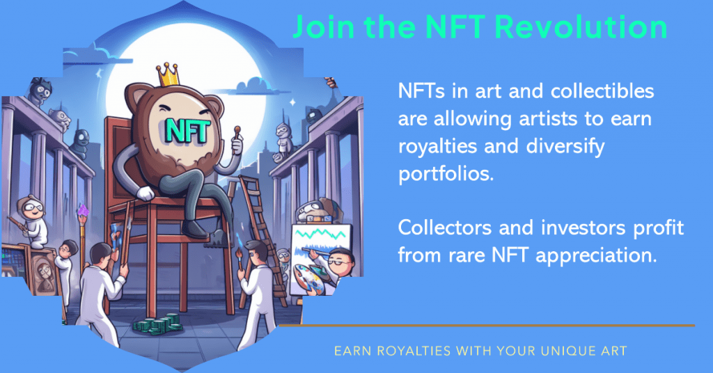 NFTs in art and collectibles are gaining popularity, allowing artists to earn royalties and diversify portfolios, while collectors and investors profit from rare NFT appreciation.