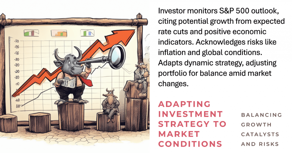 Investor monitors S&P 500 outlook, citing potential growth from expected rate cuts and positive economic indicators. Acknowledges risks like inflation and global conditions. Adapts dynamic strategy, adjusting portfolio for balance amid market changes.