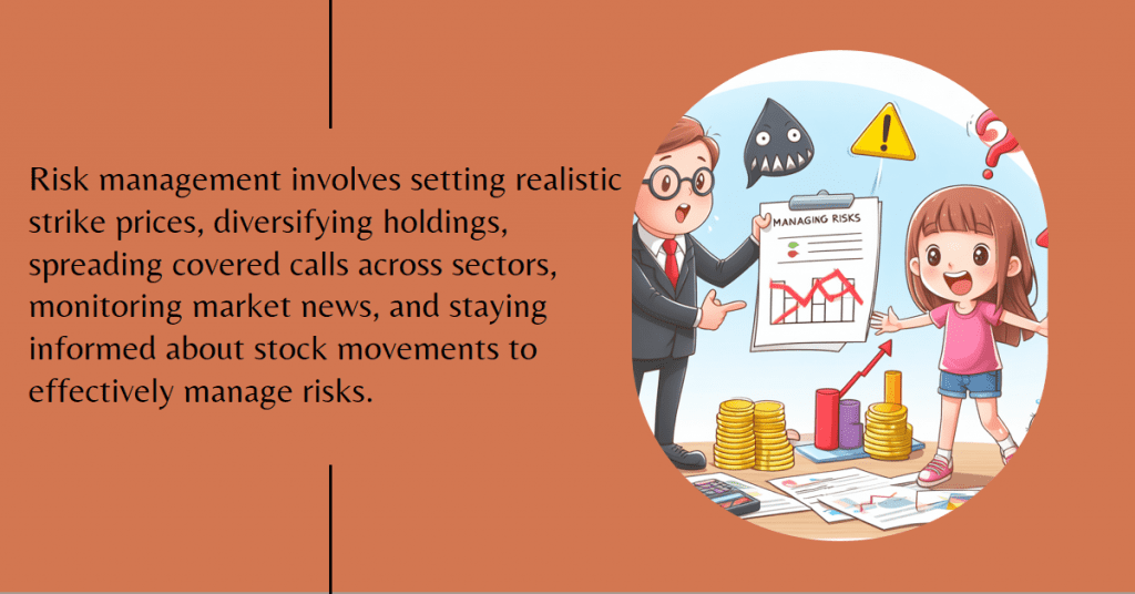 Risk management involves setting realistic strike prices, diversifying holdings, spreading covered calls across sectors, monitoring market news, and staying informed about stock movements to effectively manage risks.