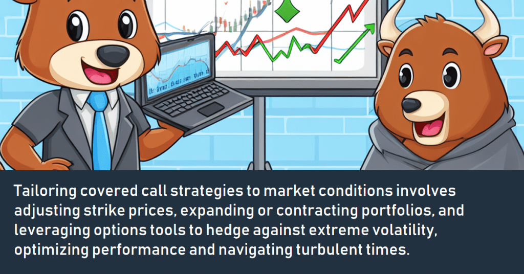 Tailoring covered call strategies to market conditions involves adjusting strike prices, expanding or contracting portfolios, and leveraging options tools to hedge against extreme volatility, optimizing performance and navigating turbulent times.