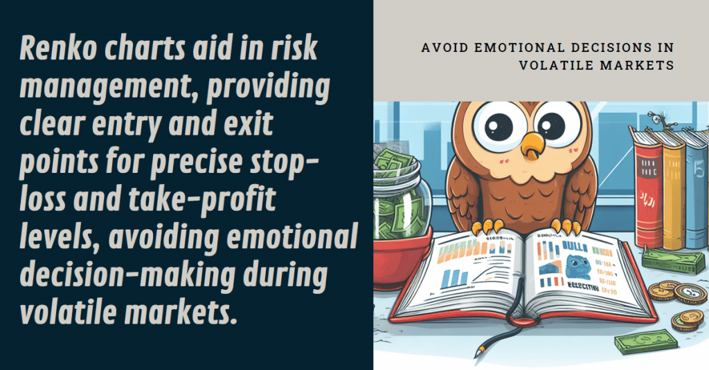 Renko charts aid in risk management, providing clear entry and exit points for precise stop-loss and take-profit levels, avoiding emotional decision-making during volatile markets.