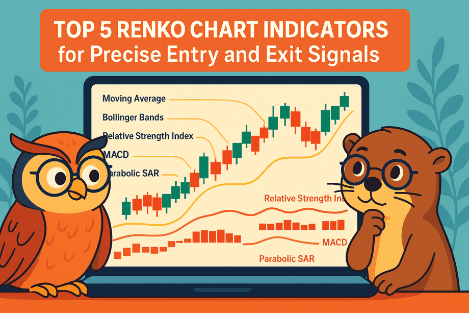 An illustrated owl and otter wearing glasses sit beside a laptop displaying a Renko chart with labeled indicators including Moving Average, Bollinger Bands, RSI, MACD, and Parabolic SAR. A bold headline reads 'Top 5 Renko Chart Indicators for Precise Entry and Exit Signals