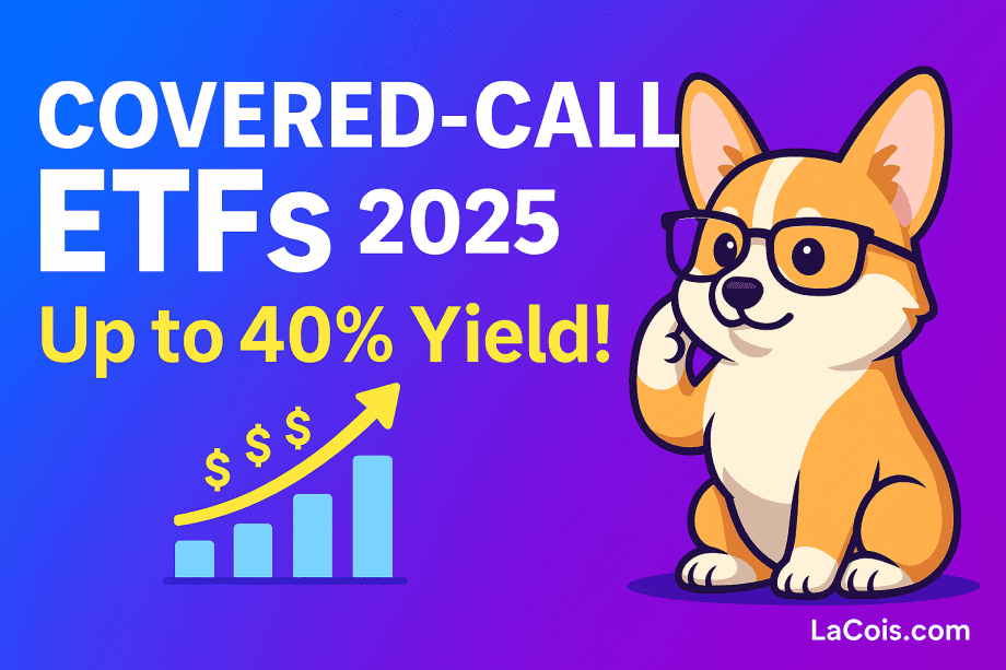Featured image promoting covered call ETFs in 2025—cartoon corgi, rising bar chart, and headline about up to 40 % yield.