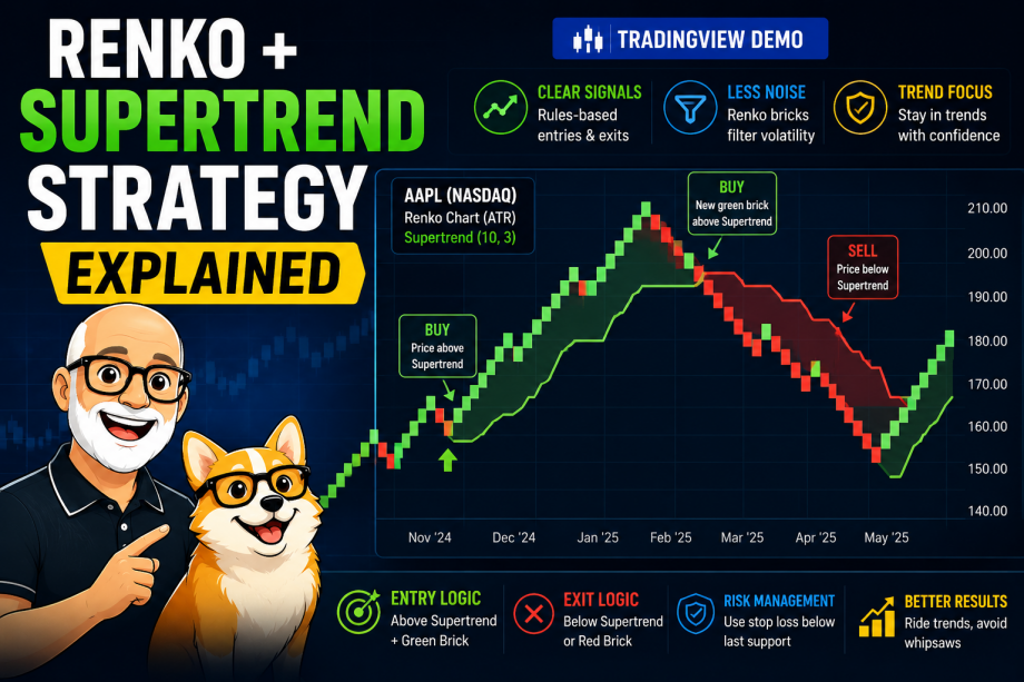 Renko chart with Supertrend strategy example featuring Carl and Bax avatars, showing buy and sell signals, trend-following entries, exits, and TradingView Renko chart analysis.