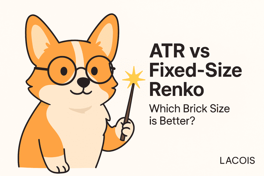 A cute cartoon Pembroke Welsh Corgi wearing glasses and holding a magic wand stands next to bold text that reads "ATR vs Fixed-Size Renko — Which Brick Size is Better?" with the LACOIS brand logo in the corner.