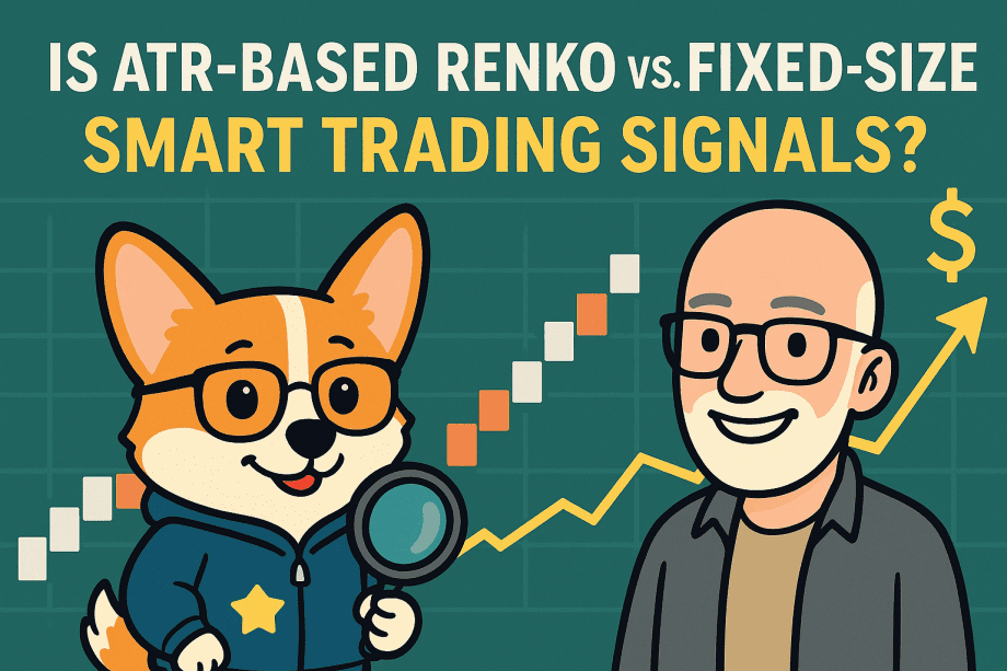 Illustration of a smiling bald man with glasses and a corgi wearing a hoodie and glasses, standing in front of a Renko chart with an upward trend line and dollar symbol, representing smart Renko trading strategy analysis.