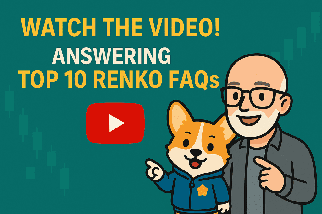 Video: Top 10 Renko Chart FAQs Answered – Trading Tips & Strategies 2 Promotional digital graphic inviting viewers to watch a YouTube Renko trading video, featuring Renko Chart FAQs Answered & Carl’s cartoon avatar with glasses and Bax the corgi, styled in the Renko Trading Channel’s bold widescreen branding.