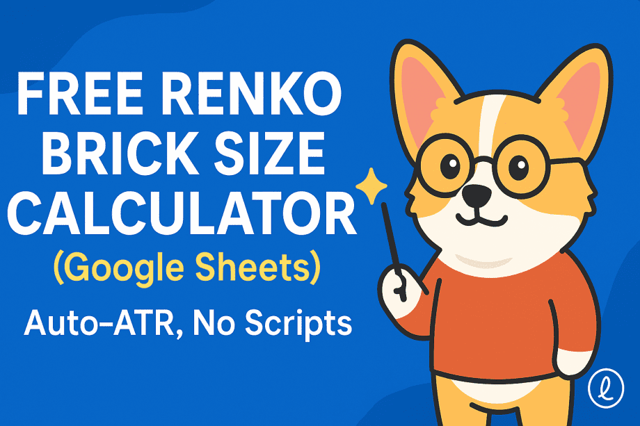 Thumbnail for YouTube video titled ‘Free Renko Brick Size Calculator (Google Sheets) + Step-by-Step Guide’ featuring a cartoon corgi with glasses and magic wand on a clean, branded background.