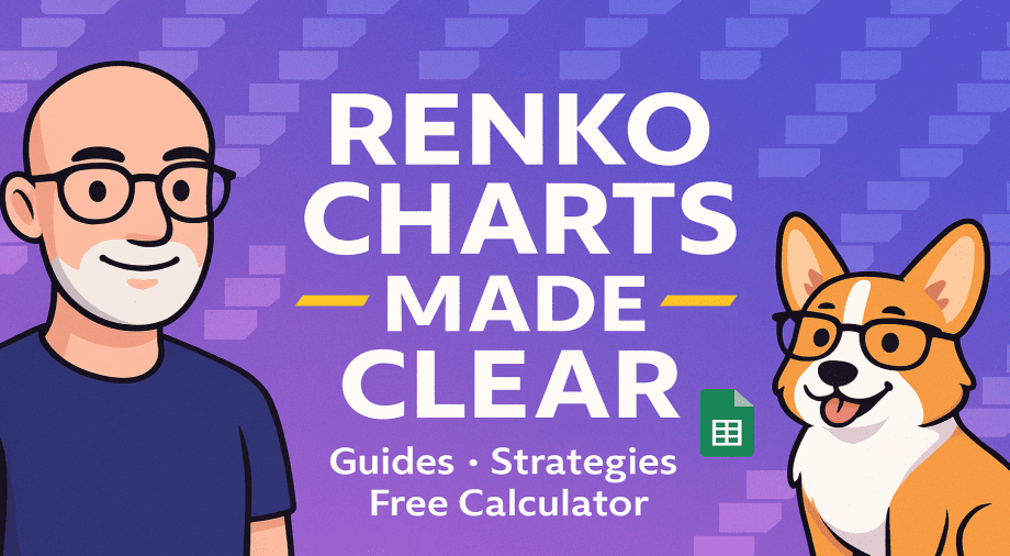 Homepage hero illustration with Renko chart bricks background, bold text 'Renko Charts Made Clear', Carl’s cartoon avatar (bald, thin, glasses, white beard) on the left, and Bax the corgi wearing glasses on the right.