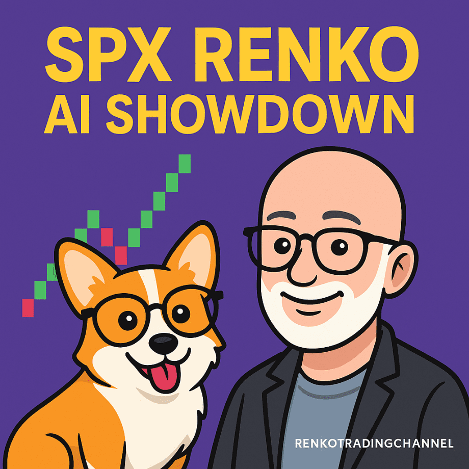 Cartoon-style bald man with white beard and glasses smiling next to a cute corgi in glasses, with bold yellow text “AI vs AI – SPX 2020–2025 Renko Chart Battle” on a vibrant purple background. Which AI is the best?