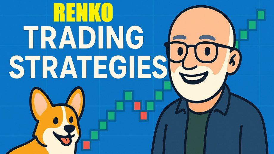 Cartoon illustration of Carl’s bald, bearded avatar with glasses standing next to Bax the corgi, set against a blue Renko chart background with the words ‘Trading Strategies’ in bold white text.