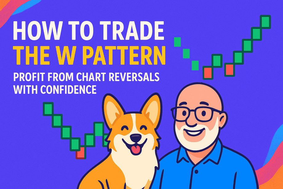 Vibrant 2D digital illustration for "How to Trade the W Pattern | Profit from Chart Reversals with Confidence," featuring a bald man with glasses and a white beard in a blue shirt alongside a smiling corgi. A green and red W-shaped chart pattern appears behind them on a purple background with colorful abstract brush strokes.