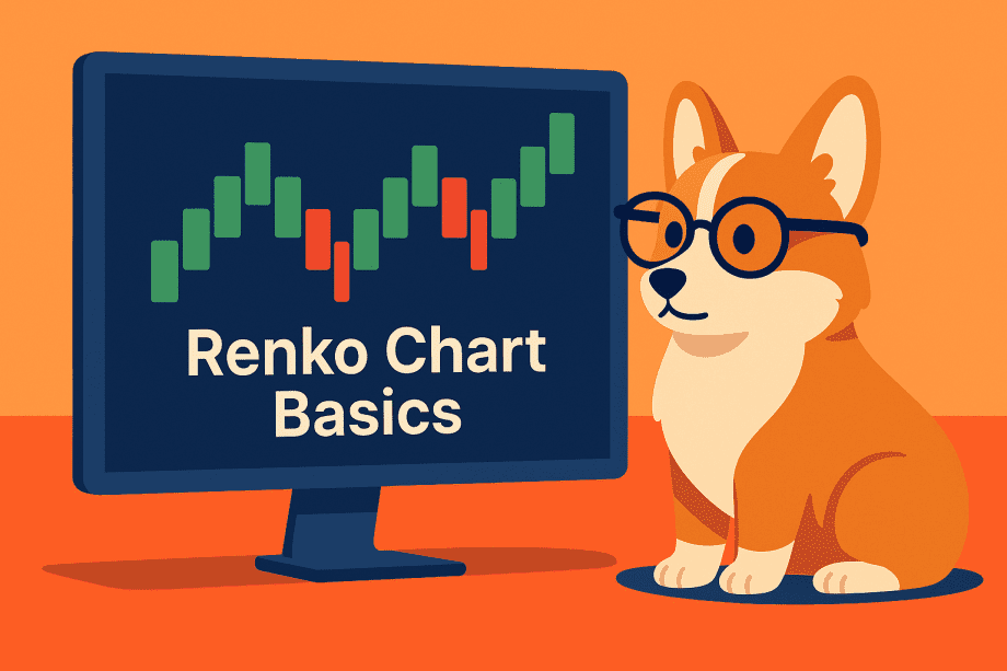 Renko chart basics featured image – flat illustration of a corgi analyst studying a colorful Renko chart on a monitor