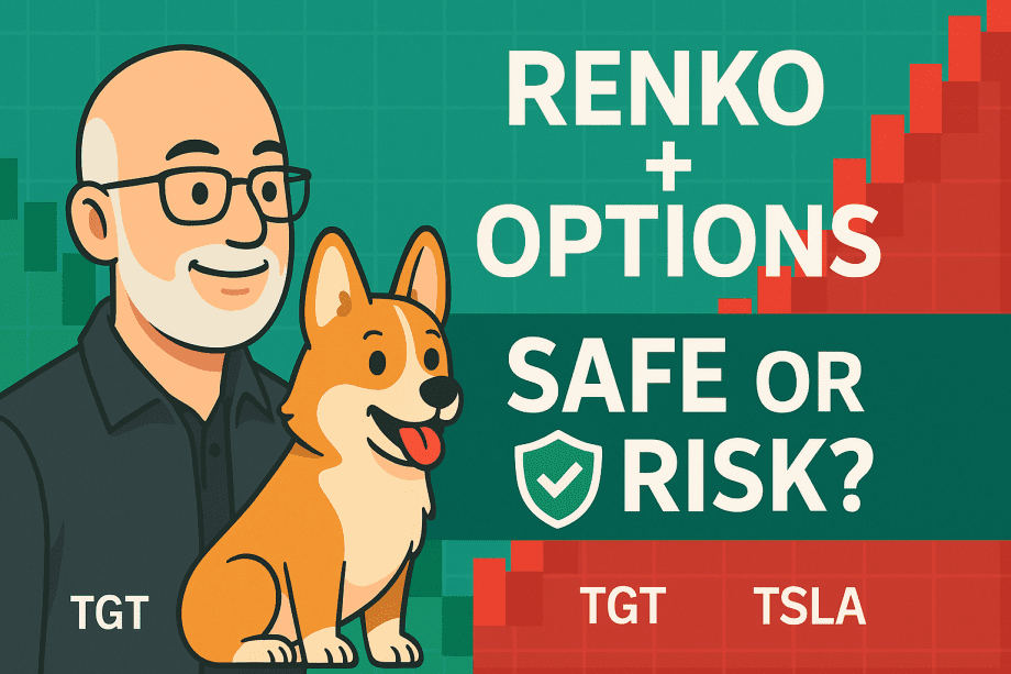 Cartoon avatar with glasses and white beard, playful corgi, Renko chart background, text Renko + Options Safe or Risk, TGT and TSLA
