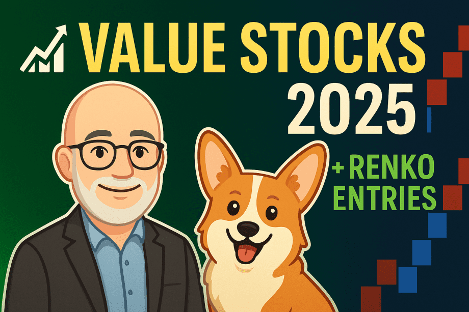 Value Stocks 2025 with Renko Entries — featured image with Carl’s avatar and Bax the corgi, green background and Renko chart blocks.