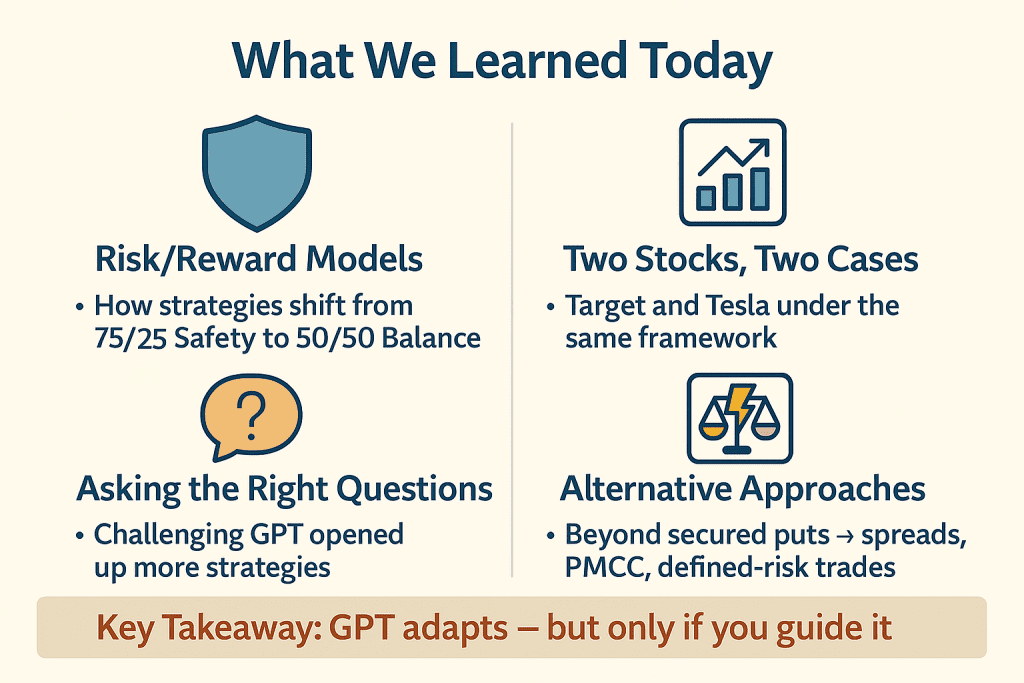 Video: 75% Safety vs 50/50 Risk | ChatGPT Analyzes Renko Options Strategies (TGT, TSLA) 2 Infographic showing Renko Options strategies we learned today: 75% Safety vs 50/50 Risk. ChapGPT also offered other strategies.
