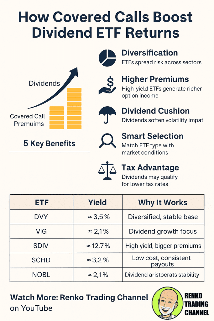 How Covered Calls Boost Dividend ETF Returns 2 Infographic explaining how covered calls boost dividend ETF returns. Shows dual-income from dividends and premiums, 5 key benefits with icons, ETF comparison table, and link to Renko Trading Channel on YouTube.