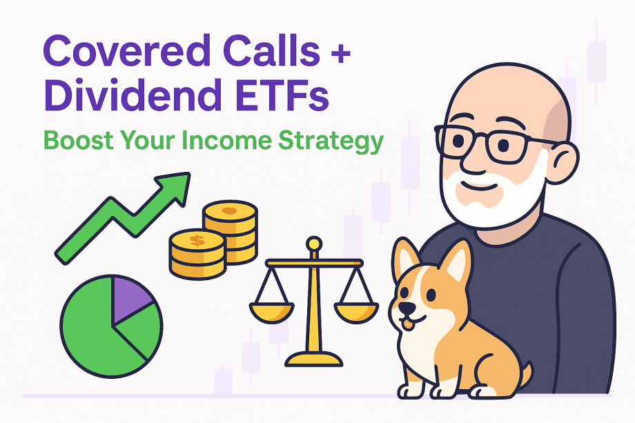 Infographic-style featured image about dividend ETF strategies. Title text reads 'Covered Calls + Dividend ETFs' with subtitle 'Boost Your Income Strategy.' Flat icons show a growth arrow, coin stack, scales, and pie chart, alongside a cartoon avatar of a bald man with glasses and a corgi, on a clean background with faint candlestick patterns.