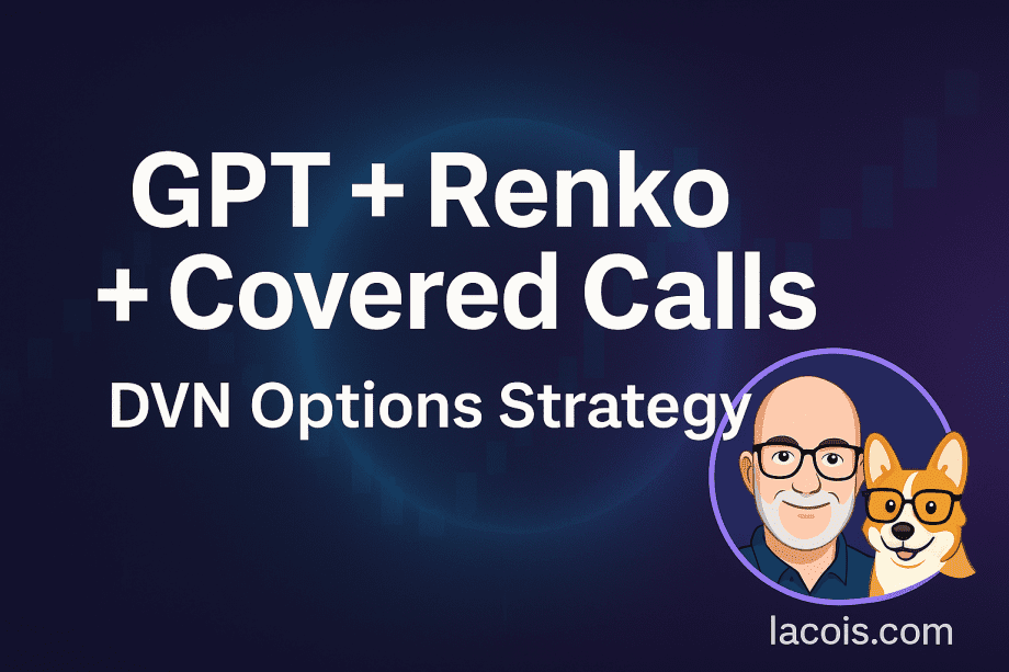 Featured image for blog post: GPT + Renko + Covered Call Options DVN Strategy, with Carl’s avatar and Bax the corgi together in a branded logo, on a purple-blue background with glowing Renko chart blocks.