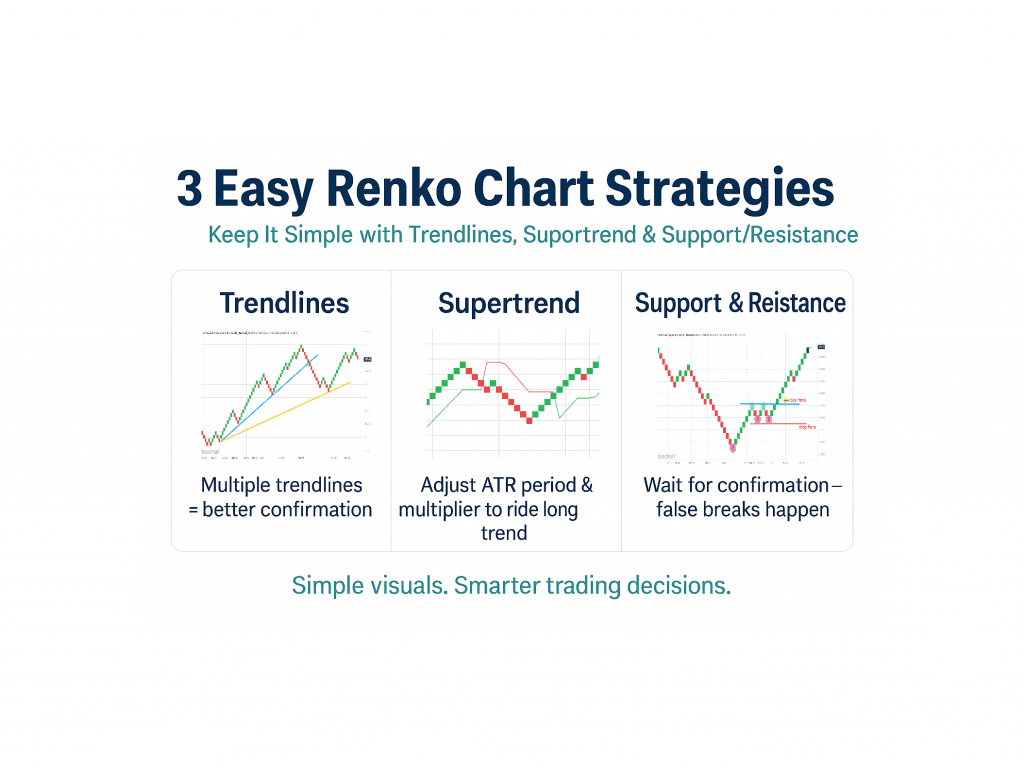Video: 3 Easy Renko Chart Strategies — Keep It Simple 2 3 Easy Renko Chart Strategies infographic showing trendlines, Supertrend, and support and resistance examples.
