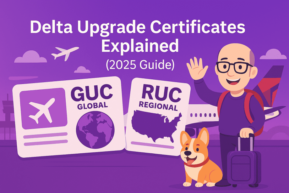 Illustration of Carl and his corgi Bax at an airport with Delta airplane, showing Global (GUC) and Regional (RUC) Upgrade Certificates under a purple Delta One theme for the 2025 guide.