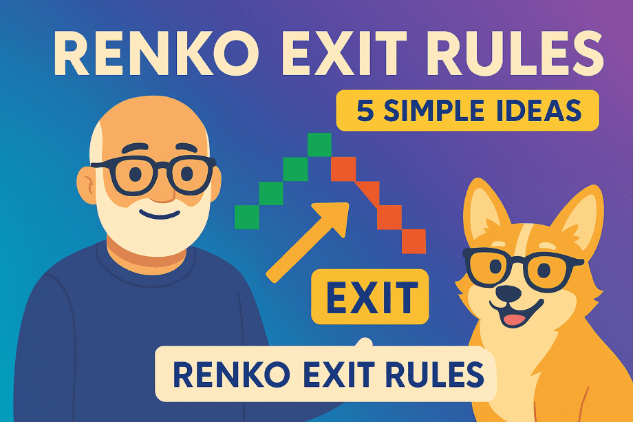 Cartoon trader and corgi explaining 5 Renko exit rules with a Renko chart in the background.