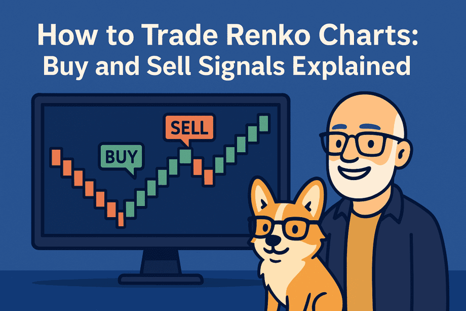 An illustrated Corgi sits beside a laptop screen displaying a Renko chart with red and green bricks, clearly marked 'BUY' and 'SELL' signals. The title above reads 'How to Trade Renko Charts: Buy and Sell Signals Explained