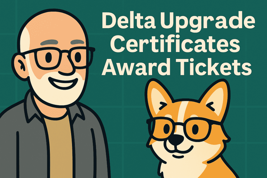Cartoon illustration of Carl with glasses and Bax the corgi wearing glasses, used as the featured image for the Delta Upgrade Certificates Award Tickets guide.