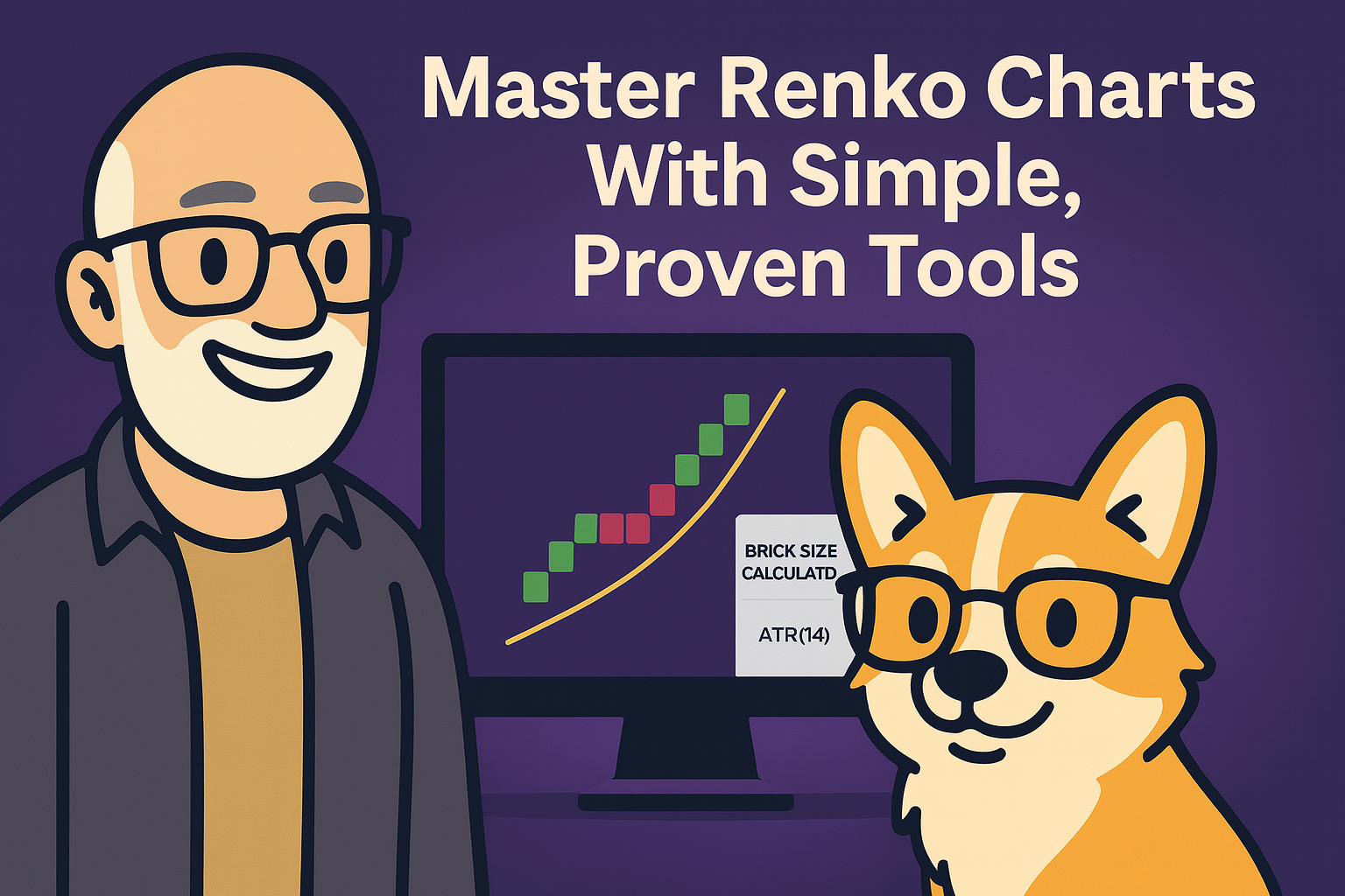 Renko Trading Channel - Carl and Bax the corgi explaining Renko charts. Free brick size calculator (Google Sheets)