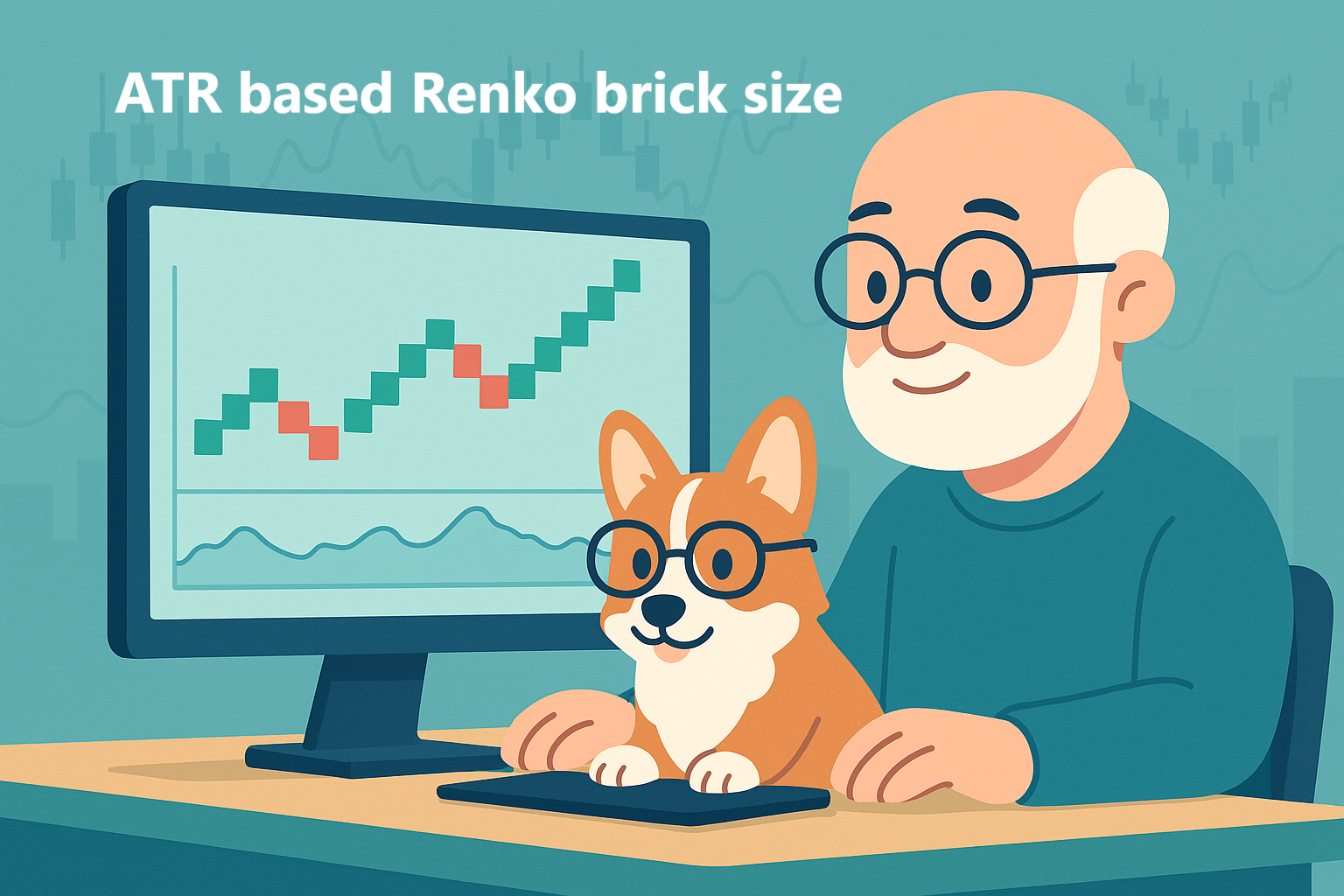 ATR based Renko brick size example chart with a trader and corgi reviewing the setup