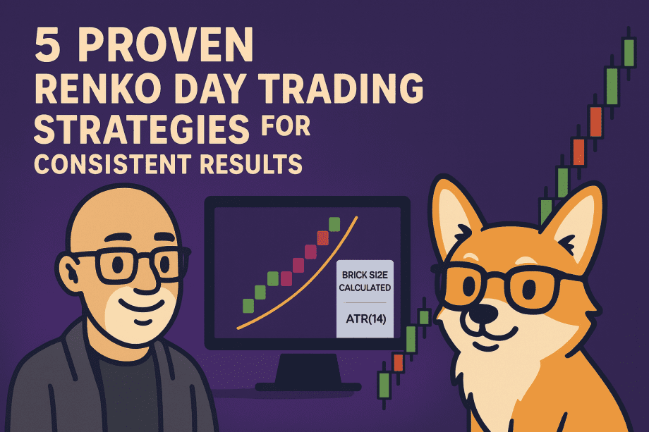 Cartoon-style Pembroke Welsh Corgi sitting beside a laptop displaying a rising Renko chart, promoting 5 proven Renko chart day trading strategies for consistent results.