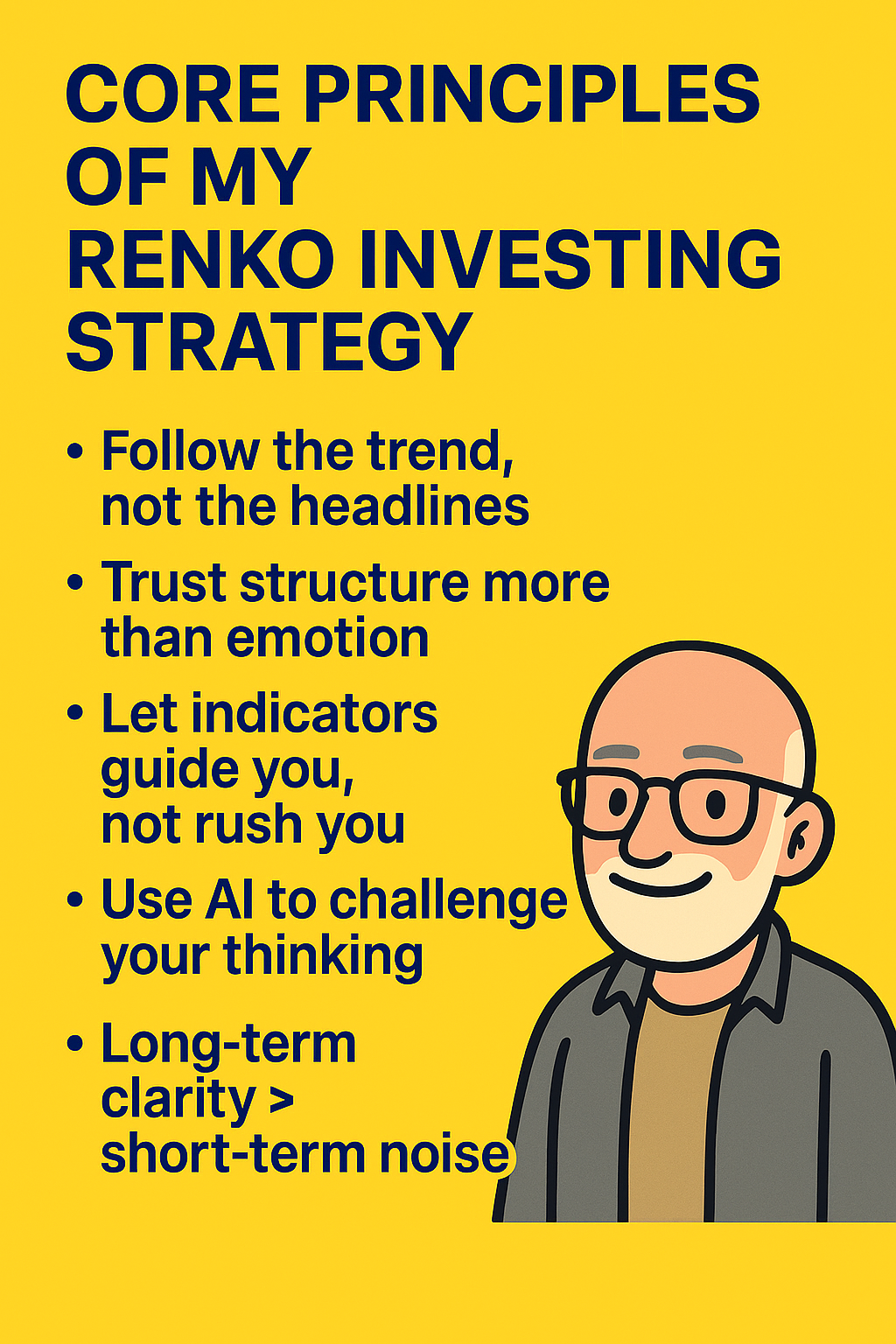 Renko Investing Strategy infographic summarizing the workflow, showing the S&P 500 Renko trend, individual stock trendlines, CCI divergence, and a simple long-term process with Carl’s avatar and Bax the corgi.