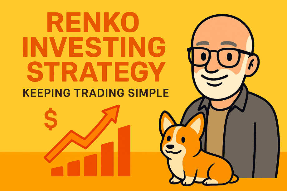 Renko Investing Strategy featured image with Carl’s avatar and Bax the corgi, yellow–orange background, upward trend icon, and subtitle about long-term Renko investing.
