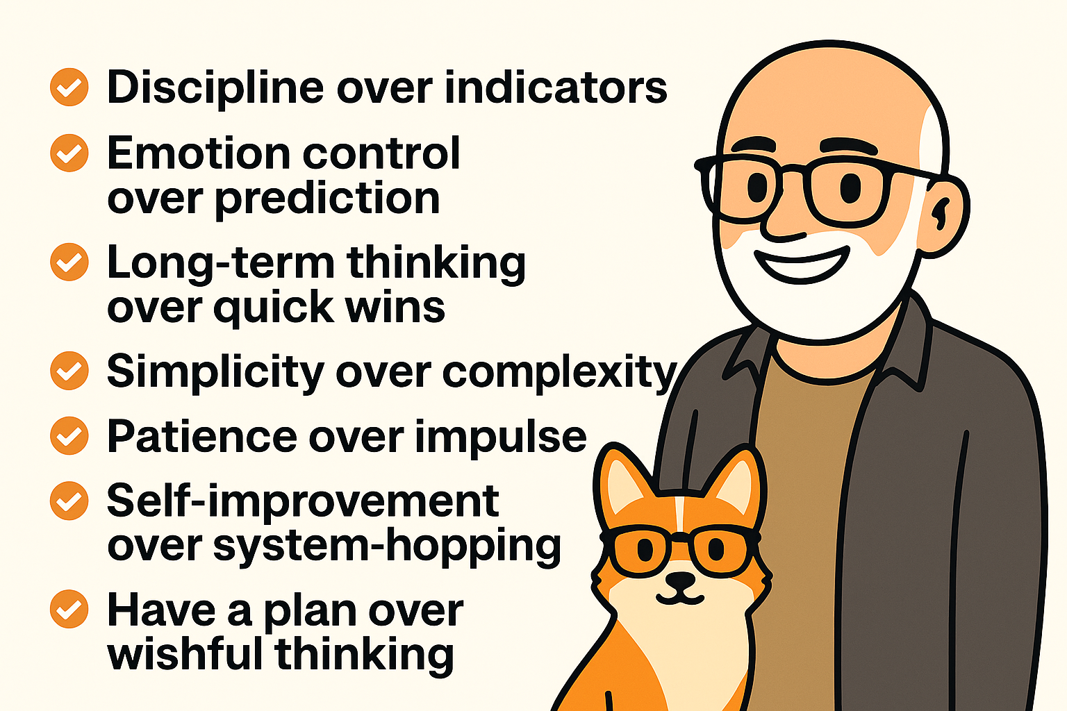 Infographic teaching technical analysis discipline with a cartoon trader and corgi, highlighting planning, emotional control, long-term thinking, patience, simplicity, and self-improvement.