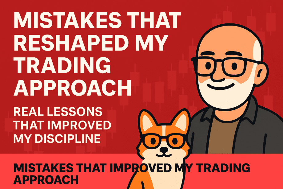 Featured image promoting technical analysis discipline with a cartoon trader and a corgi, showing messages about learning from early trading mistakes, staying disciplined, and trading smarter.