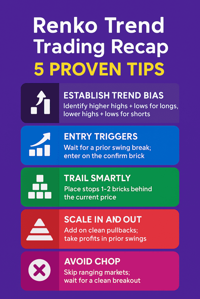 Renko Trend Trading: 5 Proven Tips 2 Renko trend trading infographic showing five proven tips — establish trend bias, use entry triggers, trail smartly, scale in and out, and avoid chop